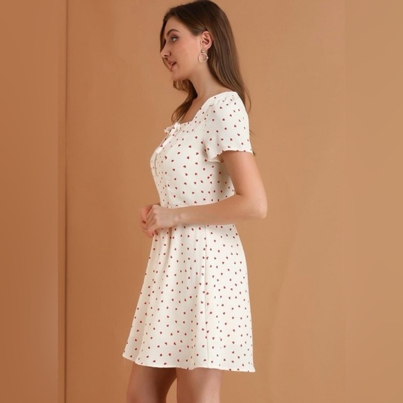 NWT Allegra K Dainty Heart Pattern Square Neck Short Sleeve Fit & Flare Dress‎ - Picture 3 of 10